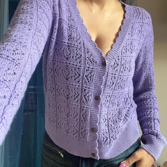 Sweaters - Cottage-Core Lavender Open Knit Button Cardigan